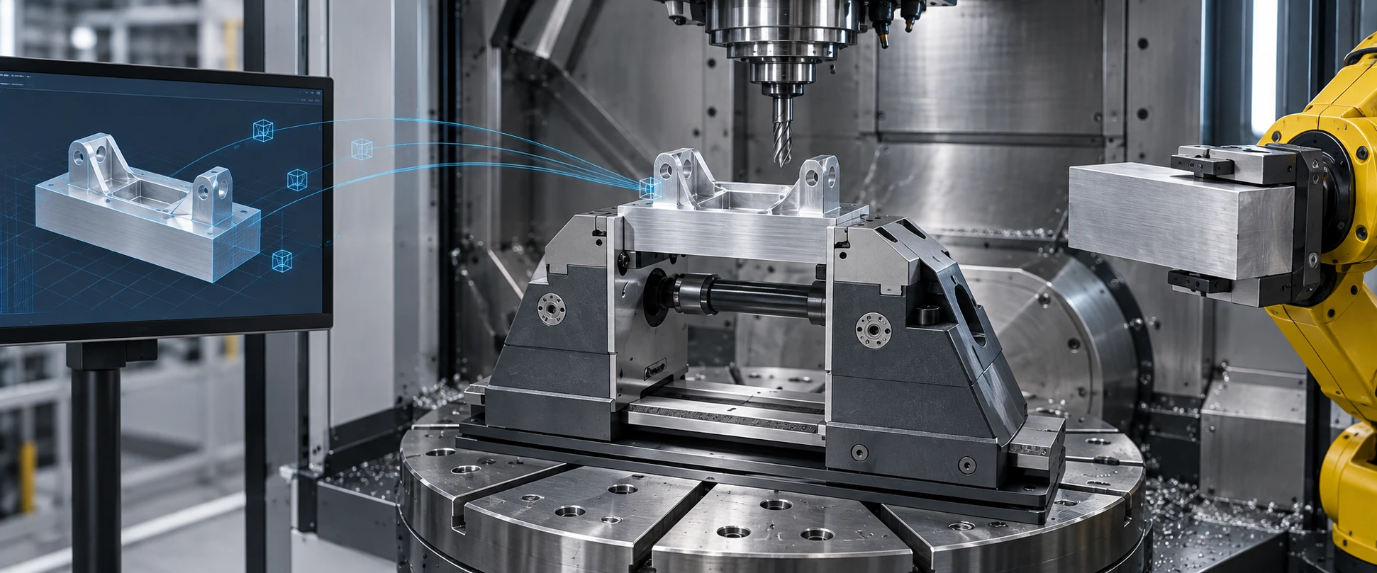 Konzeptdarstellung: CAD/CAM-Modell wird über digitale Linien mit einem im 5-Achs-Spanner gehaltenen Bauteil verbunden; ein Roboter greift einen Rohteilblock.
